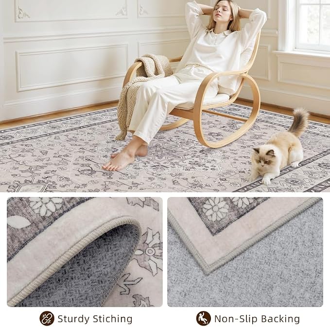 10x12 Area Rugs Living Room: Bedroom Washable Carpet Beige & Grey | Large Vintage Boho Indoor Decor Neutral Soft Nursery Farmhouse Dining Room Office Floor Non-Slip Low Pile Under Table Rug