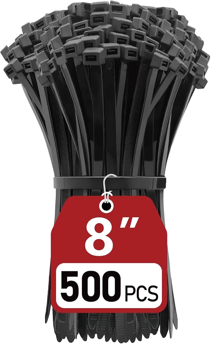 Zip Ties Heavy Duty 8 inch (500 Pack), Heavy Duty Cable Ties with 120 lb Tensile Strength for Outdoor Use, Black Wire Ties, Paloka