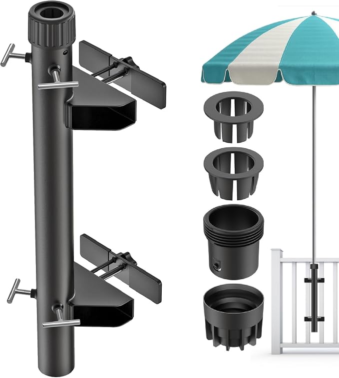 KingDolly No Drilling Deck Umbrella Mount, Heavy Duty Deck Railing Umbrella Holder with Space-Saving, Adjustable Patio Umbrella Holder for Deck Railing, Clamp on Umbrella Mount Fits 1''-1.9'' Poles