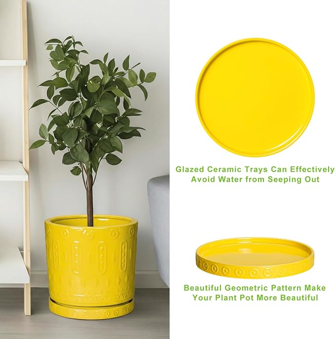 Eightpot Plant Drip Trays, 11.4 Inch Plant Saucers for Indoors, Ceramic Plant Saucers for Outdoors, Round Plants Plates to Catch Water, Boho Decorative Plants Dishes to Catch Water, Yellow