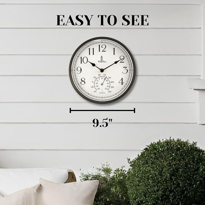Outdoor Clocks for Patio Waterproof with Thermometer — Black 9.5 Inch Indoor Outdoor Wall Clock with Temperature Display — Weatherproof, Accurate & Easy to Read for Pool, Garden & Home Decor