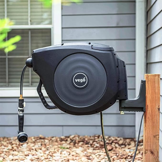 Vego Garden Hose Reel Retractable Hi-Flow Wall Mounted Hose Reel Automatic Rewind, Any Length Lock with 9 Patterns Sprayer Nozzle, Quick Connector and Adjustable shot Nozzle (Tidepool Blue, 50ft)