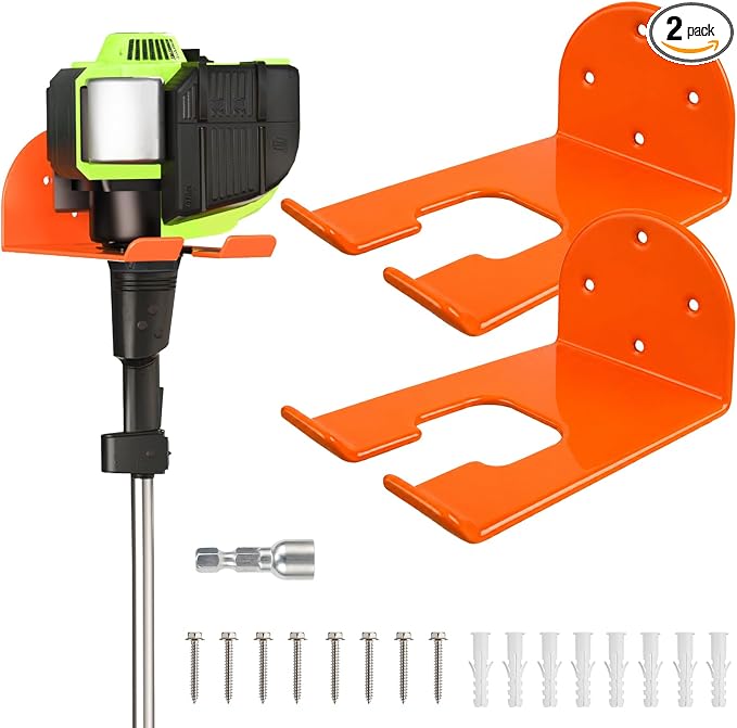 Weedeater Hanger, Heavy Duty Weed Eater Hanger Wall Mount, Garden Power Tool Holder with Rubber Coating for Grass Trimmer, Hedge Trimmer, Leaf Blower, Garage Organizer, 2 Pack