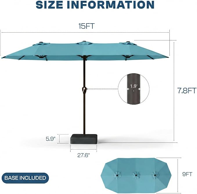 15FT Large Patio Umbrella with Base Included, Double Sided Outdoor Market Umbrella with Flexible Fiberglass Ribs, UV-Blocking Extra Large Umbrella for Garden, Pool, Deck, Sky Blue