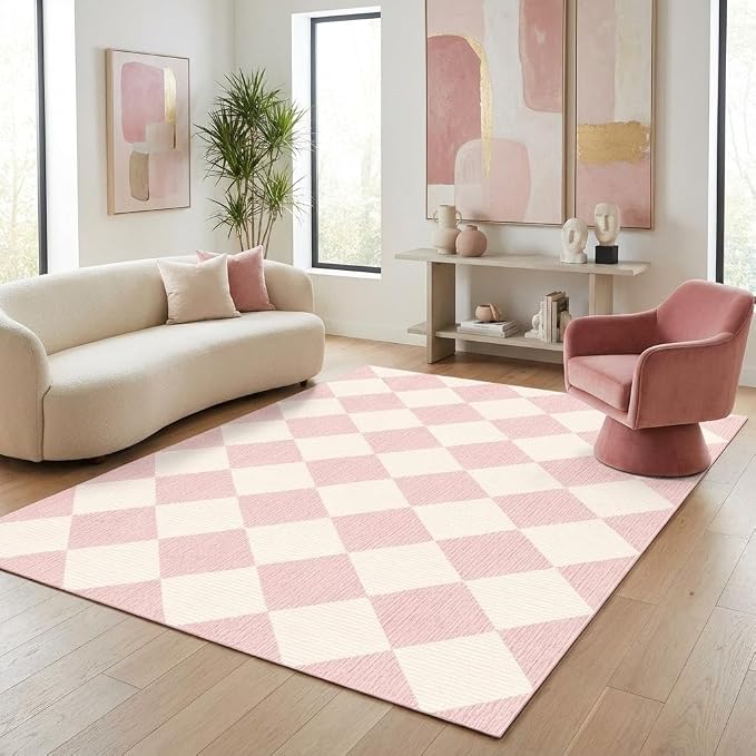 GarveeHome 6x9 Checkered Area Rug Modern Pink Washable Girls Bedroom Rug | Geometric Farmhouse Carpet Soft Low Pile Non Slip Diamond Floor Mat Plaid Print Throw Rug for Dining Room Playroom