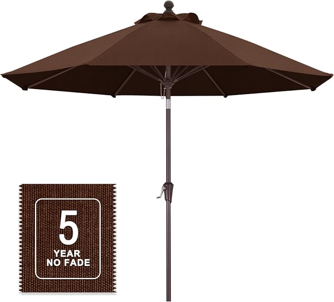 MASTERCANOPY Olefin 5-Year-Non-Fading 9ft Patio Umbrella with Tilt and Crank, Large UV Resistant Outdoor Table Umbrella with 8 Fiberglass Ribs for Deck, Yard & Market, Coffee