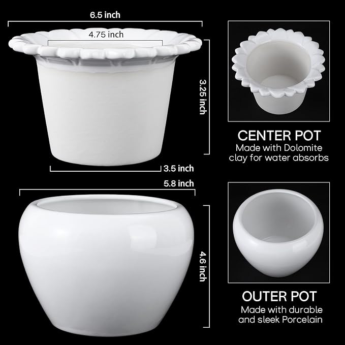 2pcs 6.5 * 4.6 * 4 inch White African Violet Flower Pot Ceramic Self Watering Flower Pot Simple Plant Self Watering Pot Indoor Flowers High Absorption Herbaceous Flower Pot