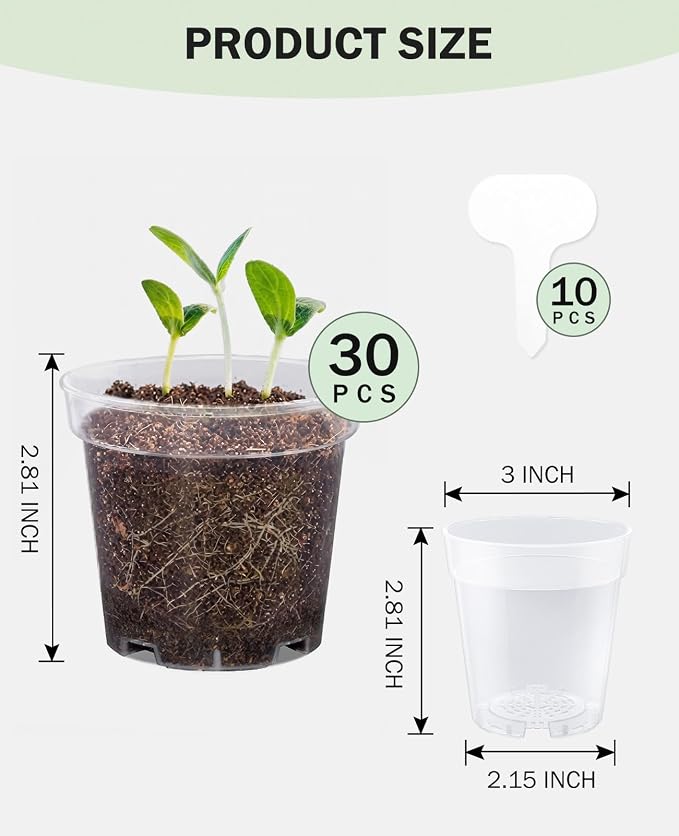 homenote Clear Nursery Pots for Plants,3 Inch Plant Pot for Planting Plastic Seedling with Drainage Holes Seed Starter Flower High Transparency with 10 Labels (30 Pack)