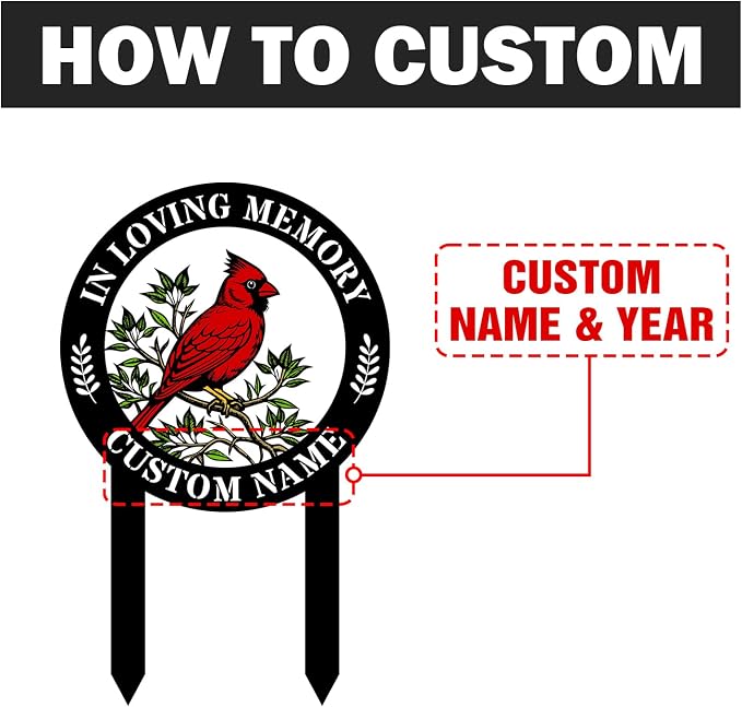 Personalized Cardinal Metal Sign with Stakes, Custom Garden Yard Decor Outdoor, Memorial Gift for Mom, Garden Plaque Gifts for Memorial, Remembrance loss loved Ones Grave Marker