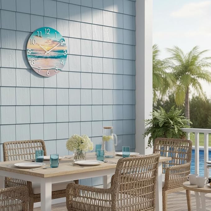 12 Inch Outdoor Clock – Waterproof Tempered Glass with Sunset Beach Scene, UV Resistant, Battery Operated, Silent, Coastal Decor for Patio, Pool, Garden, Porch & Bathroom