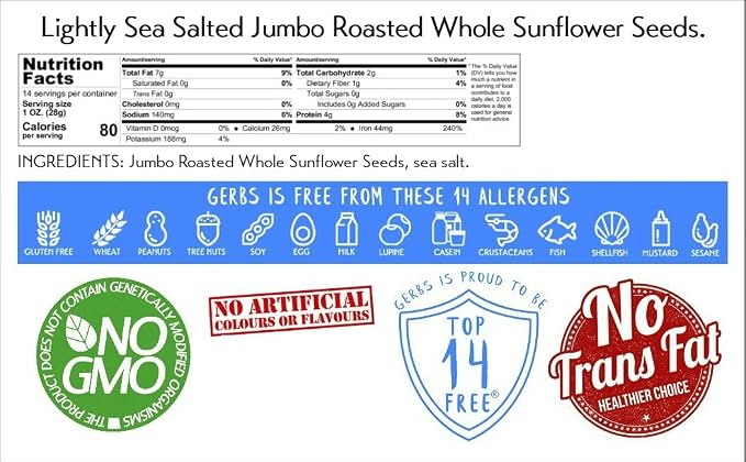 Gerbs Jumbo Lightly Sea Salted Whole Sunflower Seeds 14 oz. | Small Batch, No Artificial Additives, Resealable Bag | Crack-and-Eat Crunchy Snack | Top 14 Allergen-Free