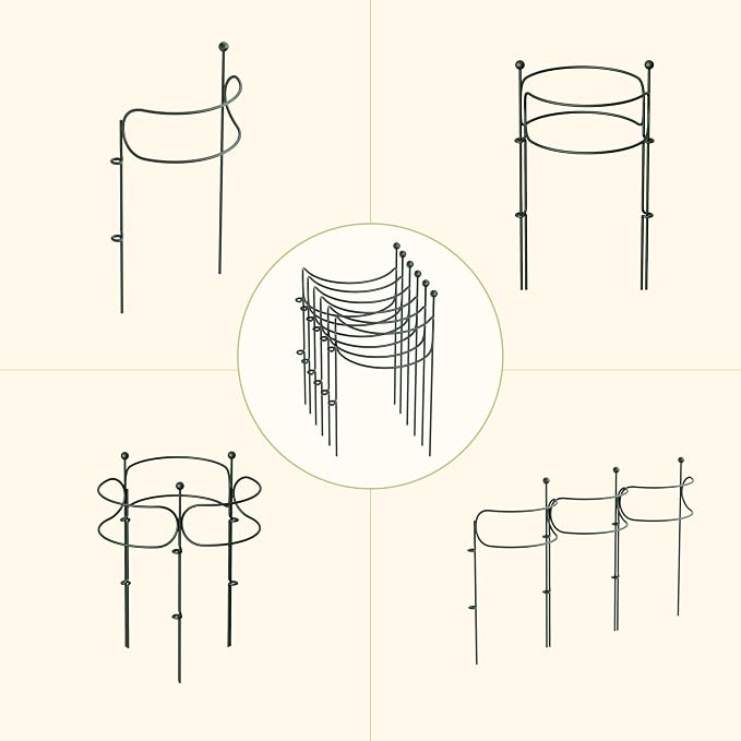 6 Pack Curved Plant Support Stakes, Dual Half Round Metal Garden Plant Stake, Peony Cages and Supports, 10"(W) x 20" (H) Flower Support Ring for Peonies, Hydrangea