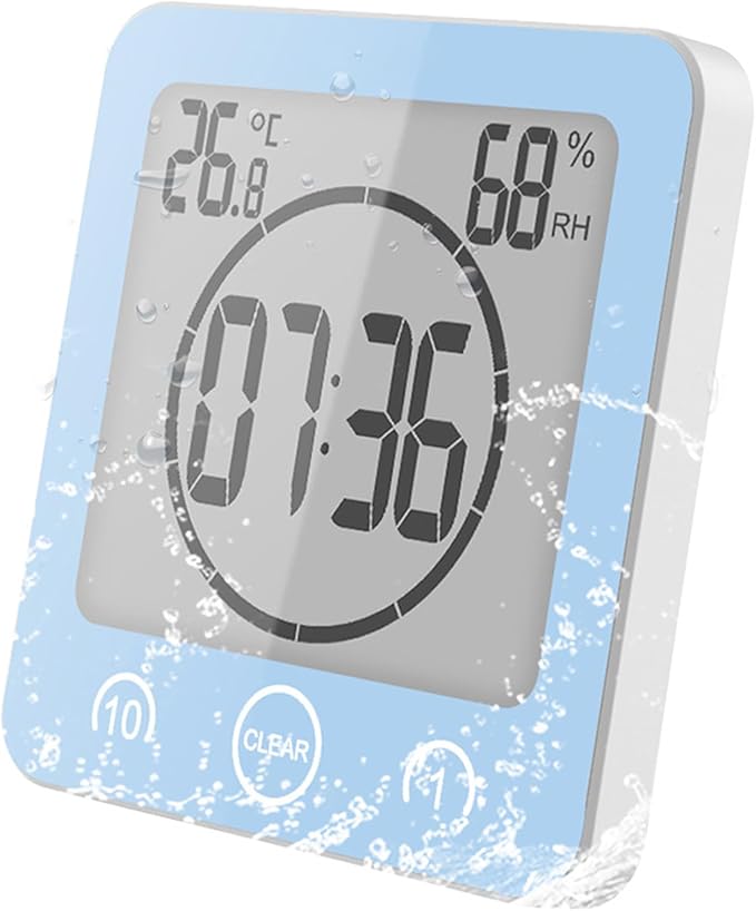Digital Bathroom Shower Wall Clock Timer, LCD Digital Wall Clock with Suction Waterproof Temperature Humidity Gauge, Touch Screen Timer, Large Countdown Visual Timer Hanging Wall Clock