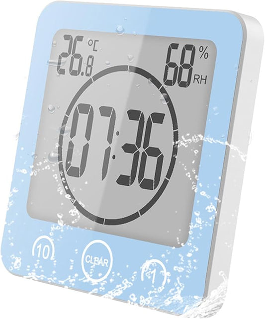 Digital Bathroom Shower Wall Clock Timer, LCD Digital Wall Clock with Suction Waterproof Temperature Humidity Gauge, Touch Screen Timer, Large Countdown Visual Timer Hanging Wall Clock