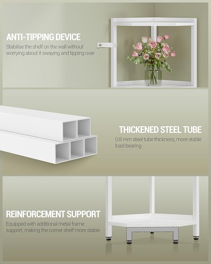 Hzuaneri Corner Shelf Stand, Corner Bookshelf, Storage Standing Shelf Unit with Metal Frame, Plant Stand, Bookcase for Living Room, Home Office, Bedroom, 5-Tier White CS05913W