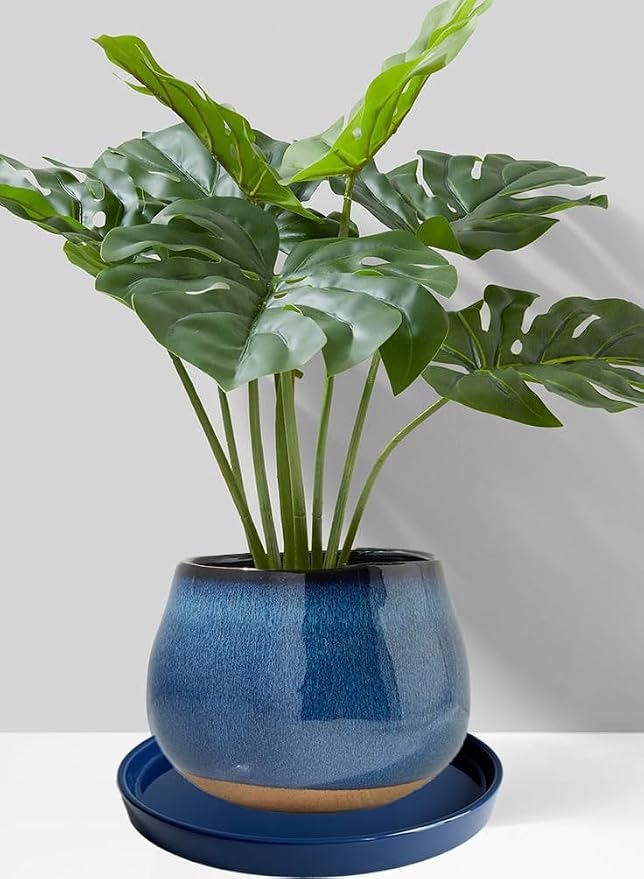 Yukfona Ceramic Plant Saucer Tray 2 Pcs 7 Inch Blue, 7" OD x6.8 ID x0.9 Deep| Fits Flower pots Bottom≤ 6.8", Heavy Duty Glazed Round Planter Drip with Catch Basin for Indoor Outdoor Plants