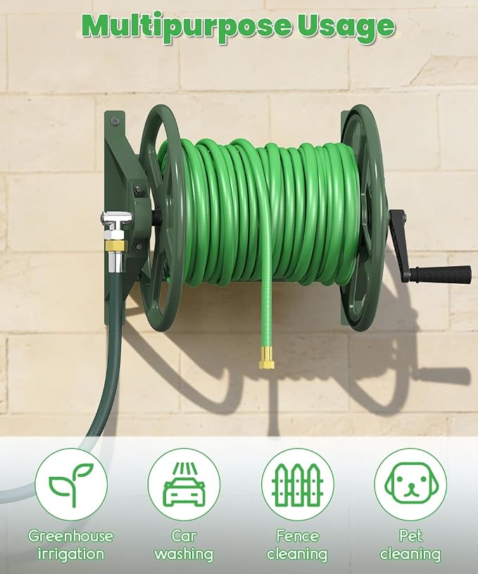 Garden Hose Reel Wall Mounted, Heavy-Duty Water Hose Holder Winder with 3.9 ft Leader Hose & Brass Fitting, Hose Hanger Storage Rack Holds 125-Feet of, 5/8-Inch, for Yard Lawn Farm, Green