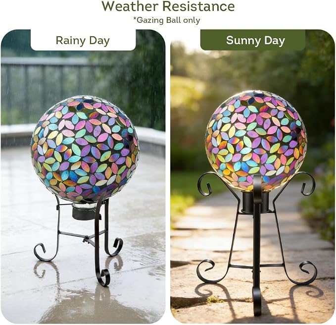 Lily's Home Colorful Mosaic Glass Gazing Ball, Designed with a Stunning Holographic Petal Mosaic Pattern to Bring Color and Reflection to Any Home and Garden, Leaves (10" Diameter)