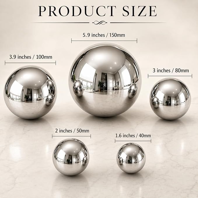 Gazing Ball Garden Mirror Outdoor, Outside Decorative Globe Silver 5Pcs Mix | Metal Polished Reflective Sphere, Stainless Steel Hollow Decoration Ornament for Home Pond Swimming Pool Housewarming Gift