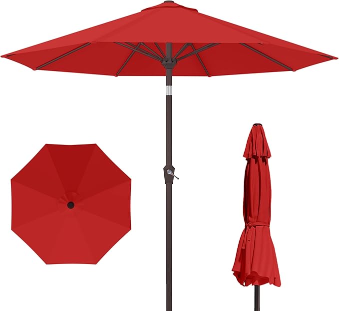 Kingdura 9FT Outdoor Patio Umbrella, Round Market Table Umbrella with Push‑Button Tilt and Crank Lift, 8 Sturdy Metal Ribs, UV50+ Protection Canopy for Backyard, Lawn, Deck, Poolside, Garden (Red)