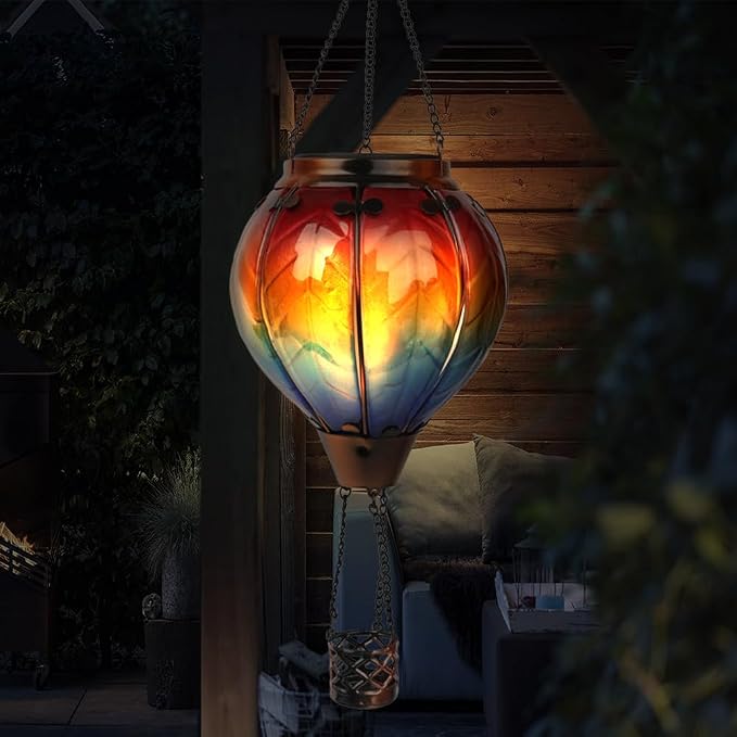 2PCS Solar Hot Air Balloon Flickering Flame Hanging Garden Light with Shepherd's Hooks, 18" H Waterproof Glass Outdoor Lantern for Yard Patio, Mother's Day Gift, Colorful-2PCS
