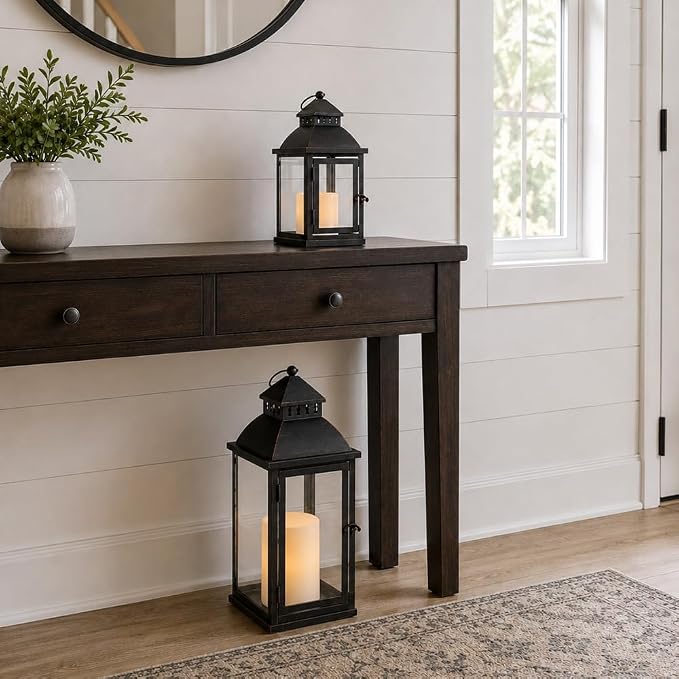 NEEDOMO Lanterns Decorative Outdoor&Indoor, Set of 2 Large Bronze Metal Lantern Decor with Glass, Candle Holder for Porch, Patio, Garden, Balcony, Wedding, Table Centerpiece Decor with LED Candles