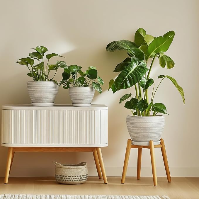 Ceramic Plant Pots Indoor - 10 Inch Planter with Drainage Hole and Saucer, Modern Planters for Indoor Outdoor Plants, Large Flower Pots, Bedroom Decor, Gardening Gifts, Textured Grey