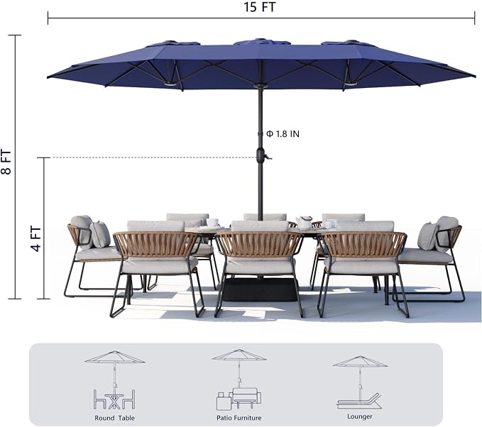 15ft Large Outdoor Patio Umbrella, Double Sided Table Umbrella with Crank, 12 Steel Ribs Market Umbrella