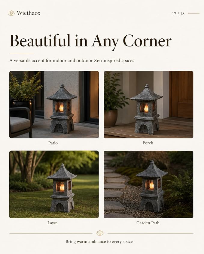 Solar Pagoda Lantern Japanese-Style with LED Flickering Flame Light, Zen Garden Statue Waterproof Resin Stone Finish Outdoor Decorations for Patio Yard Lawn, Housewarming Gifts for Mom Women