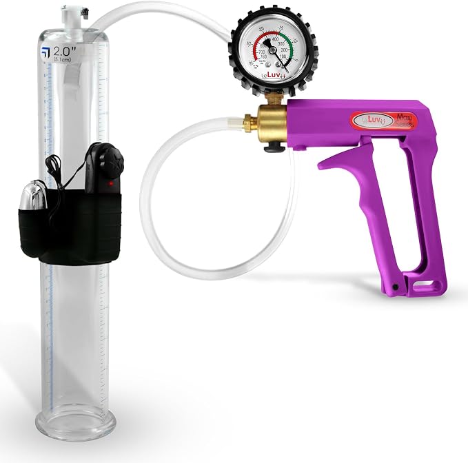 LeLuv Maxi Vibrating Penis Pump - Purple Handle + Clear Hose, Protected Gauge - 12" Length x 2" Diameter Round-Flange Cylinder