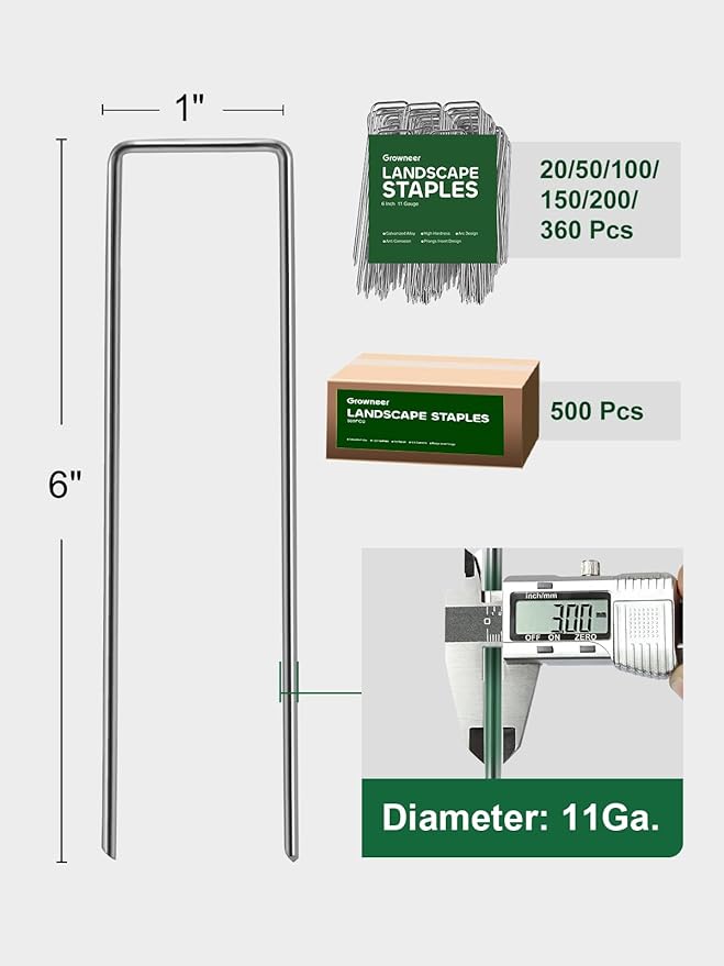 GROWNEER 150 Pack Landscape Staples 6 Inch 11 Gauge Heavy Duty Hot-Dip Galvanized Steel Garden Stakes U-Shaped Weed Barrier Spikes Metal Ground Pins for Lawn and Yard Landscaping