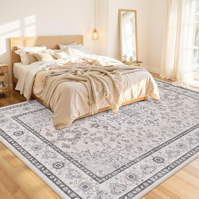 10x14 Area Rugs Living Room: Bedroom Washable Carpet Beige & Grey | Large Vintage Boho Indoor Decor Neutral Soft Nursery Farmhouse Dining Room Office Floor Non-Slip Low Pile Under Table Rug