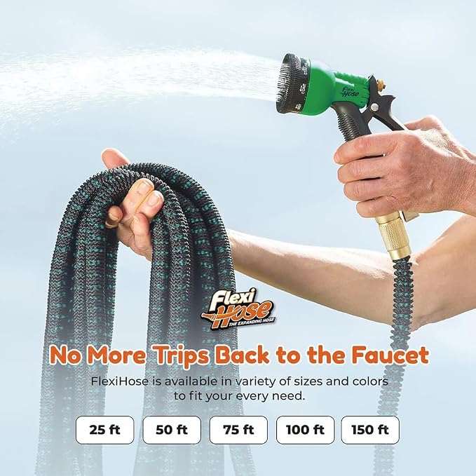 Flexi Hose with 8 Function Nozzle, 150FT - Lightweight Expandable Garden Hose, No-Kink Flexibility, 3/4 Inch Solid Brass Fittings and Double Latex Core - Black and Green