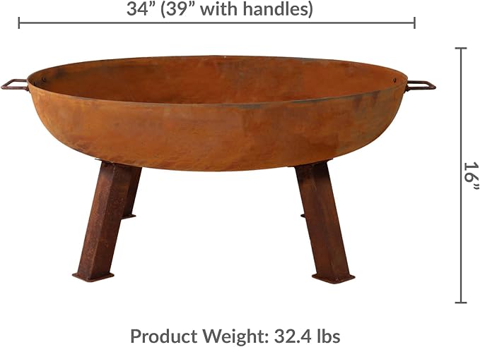 Sunnydaze Cast Iron Heavy Duty Fire Pit for Outside - Wood Burning Outdoor Fire Pit Bowl with Handles for Patio, Backyard, Camping - 34" - Rust
