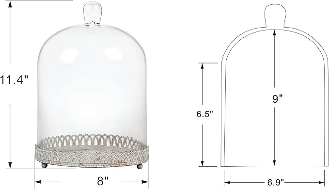 Twakutwku 12" Tall Large Sturdy Handmade Glass Cloche Dome with Metal Base in Shabby White for Plant, Terrarium, Collectibles, Candle. Cloche Glass Dome, Bell Jar Display Case (Shabby White, 12")