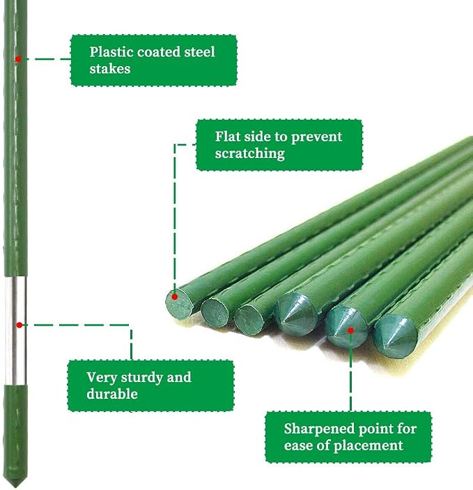 G-LEAF Garden Stakes 6 ft Plastic Coated Steel Tube Sturdy Metal Plant Sticks for Tomato,Cucumber,Bean,Tree,Pack of 25