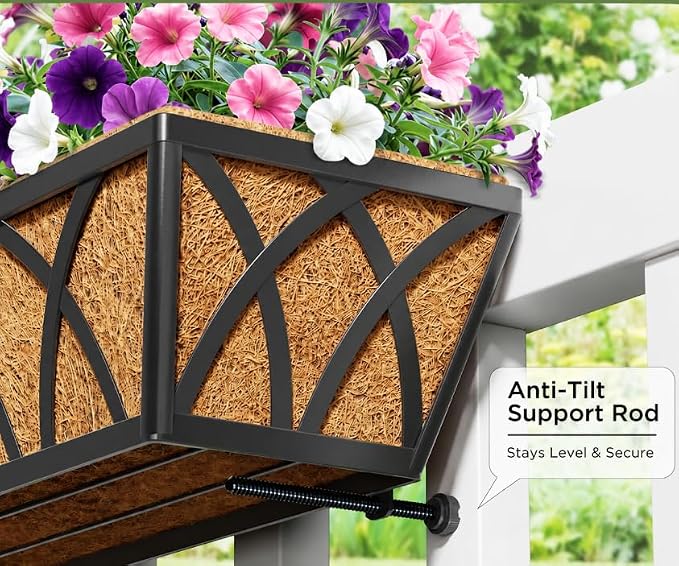 Railing Planter Boxes 24 Inch 2 Pack, Heavy Duty Adjustable Hanging Planters with Coco Liners, 2-in-1 Balcony Planters for Deck Porch Patio Garden