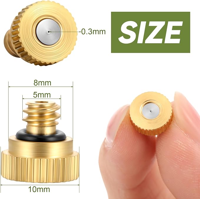 Zhengmy 100 Pcs 0.3mm Brass Misting Nozzles, Mister Nozzles Brass for Outdoor Cooling System Orifice 10/24 Unc Replacement Heads for Outdoor Cooling System