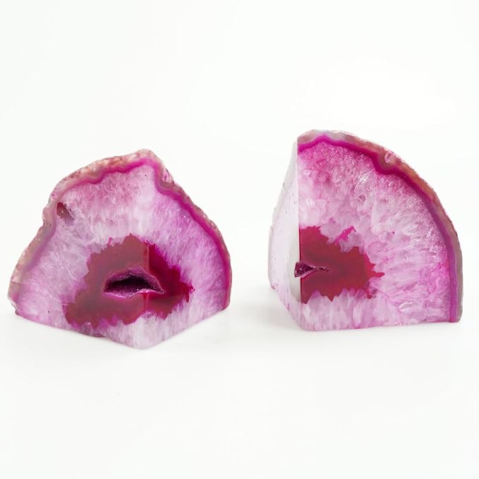 Natural Pink Dyed Agate Geode Bookends - 2 to 3 lb Heavy Duty Rock Crystal Stone Book Ends for Shelves, with Rubber Bumpers, Decorative Book Holders for Home Office