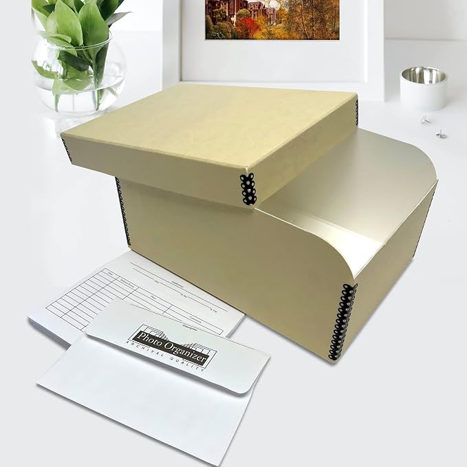 Lineco 4x6 Photo Storage Box, with 12 Envelopes, 5.5x7.5x11, Tan, 2 Pack | Holds Up to 1000 3.5" x 5", or 4" x 6" Pictures, Metal Edge, Archival Organizer for Cards, Prints, Stickers, Stamps, Seeds