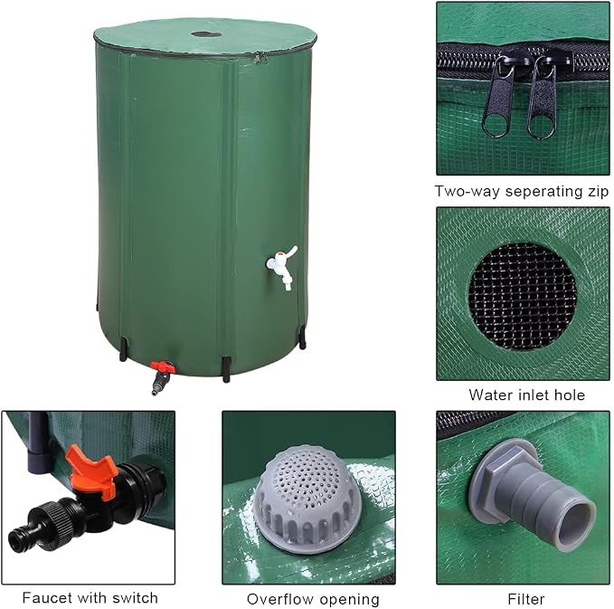 Collapsible Rain Barrel, 132 Gallon Portable Rainwater Collection System, Rain Catcher Barrel, Water Storage Tank with Two Spigots and Overflow Kit, Rain Water Barrel Collector for Garden, Green