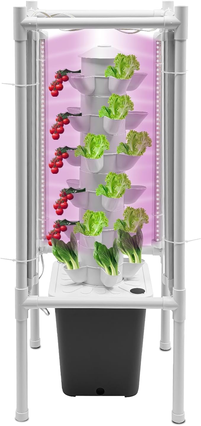 Hydroponic Tower Growing System Kits with LED Grow Lights 30 Pods Indoor Vertical Planter Germination Kit 6 Layers Hydroponic Tower for Fruits, Vegetables, Herbs, and Miniature Greens (Gray)