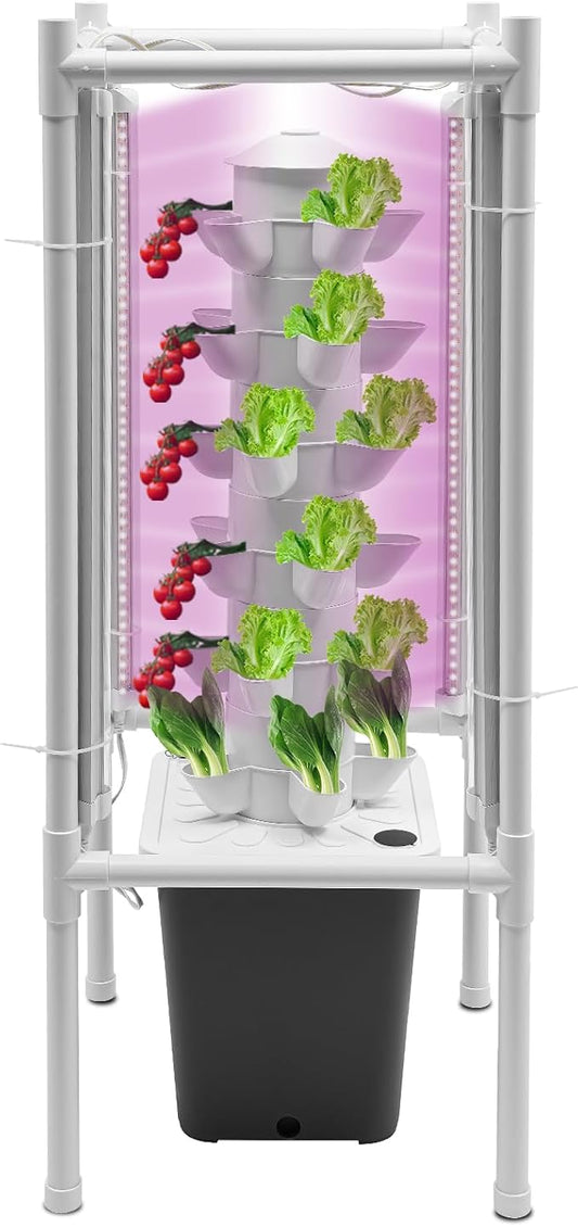 Hydroponic Tower Growing System Kits with LED Grow Lights 30 Pods Indoor Vertical Planter Germination Kit 6 Layers Hydroponic Tower for Fruits, Vegetables, Herbs, and Miniature Greens (Gray)