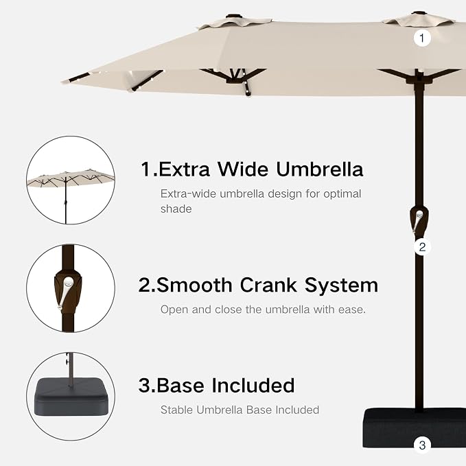 Kingdura 15ft Large Patio Umbrella with Solar Lights, Double-Sided Rectangle Lighted Outdoor Table Umbrella with Base Included, 12 Reinforced Ribs, 48 Led Lights, Crank Lift for Market Pool Deck Backyard, Beige