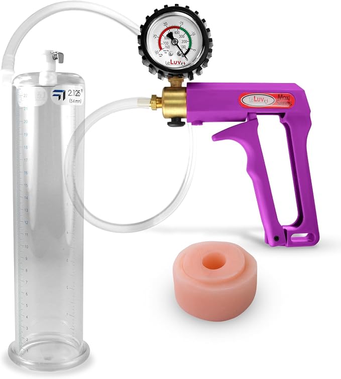 LeLuv Maxi Penis Pump - Purple Handle + Clear Hose, Protected Gauge - Bundle with Silicone Donut Seal - 9" Length x 2.125" Diameter Round-Flange Cylinder