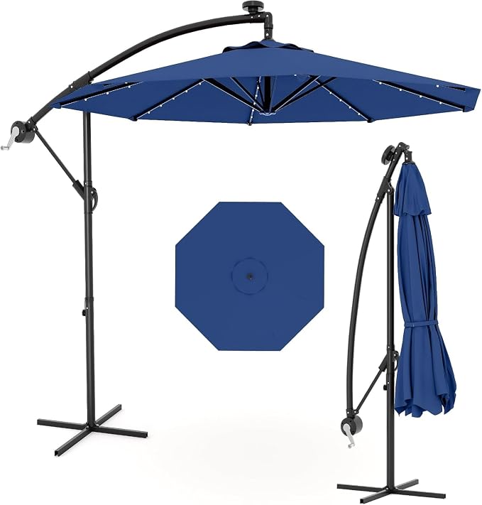 Garvee 10FT Solar Lights Offset Patio Umbrella with Cross Base, Cantilever Umbrella with Easy Lift & Tilt Adjustment, 8 Ribs Sun umbrella UV Protection for Backyard, Pool, Garden, Navy Blue