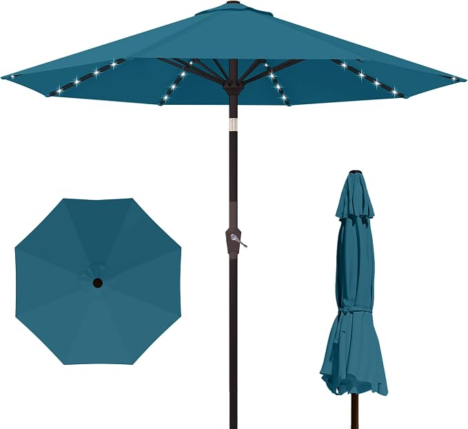 Kingdura 9FT Outdoor Patio Umbrella with Solar Lights, Market Table Umbrella with Push Button Tilt & Crank, 8 Sturdy Ribs, 32 LED Lights, UV Protection for Garden Lawn Deck Backyard Pool (Lake blue)