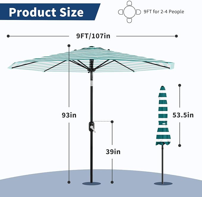 GarveeLife 9FT Patio Umbrella Outdoor, Table Umbrella with Push Button Tilt and Crank, 8 Sturdy Ribs UV Protection Waterproof for Garden, Pool, Market, Deck (Turquoise Blue & White Stripe)