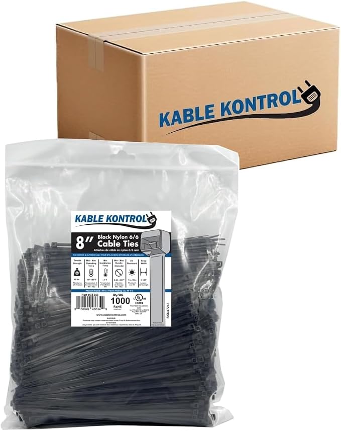 Kable Kontrol Cable Zip Ties Black 17000 Pcs 8 Inch, 40 Lbs Tensile Strength, Bulk Pack, Self-locking UV Resistant Plastic Nylon Wire Ties, for Indoor or Outdoor Use
