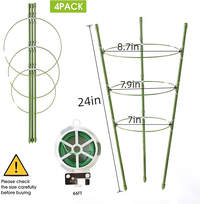 Kgozwon 4 Pack Tomato Cage Plant Support Cages for Garden, 24 inches Trellis for Climbing Plants, Upgrade Garden Plant Stakes with Adjustable Ring, Tomato Rings for Support, with Twist Tie